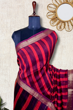 Load image into Gallery viewer, Handblock Printed Silk Cotton Saree - Crimson Red + Blackberry
