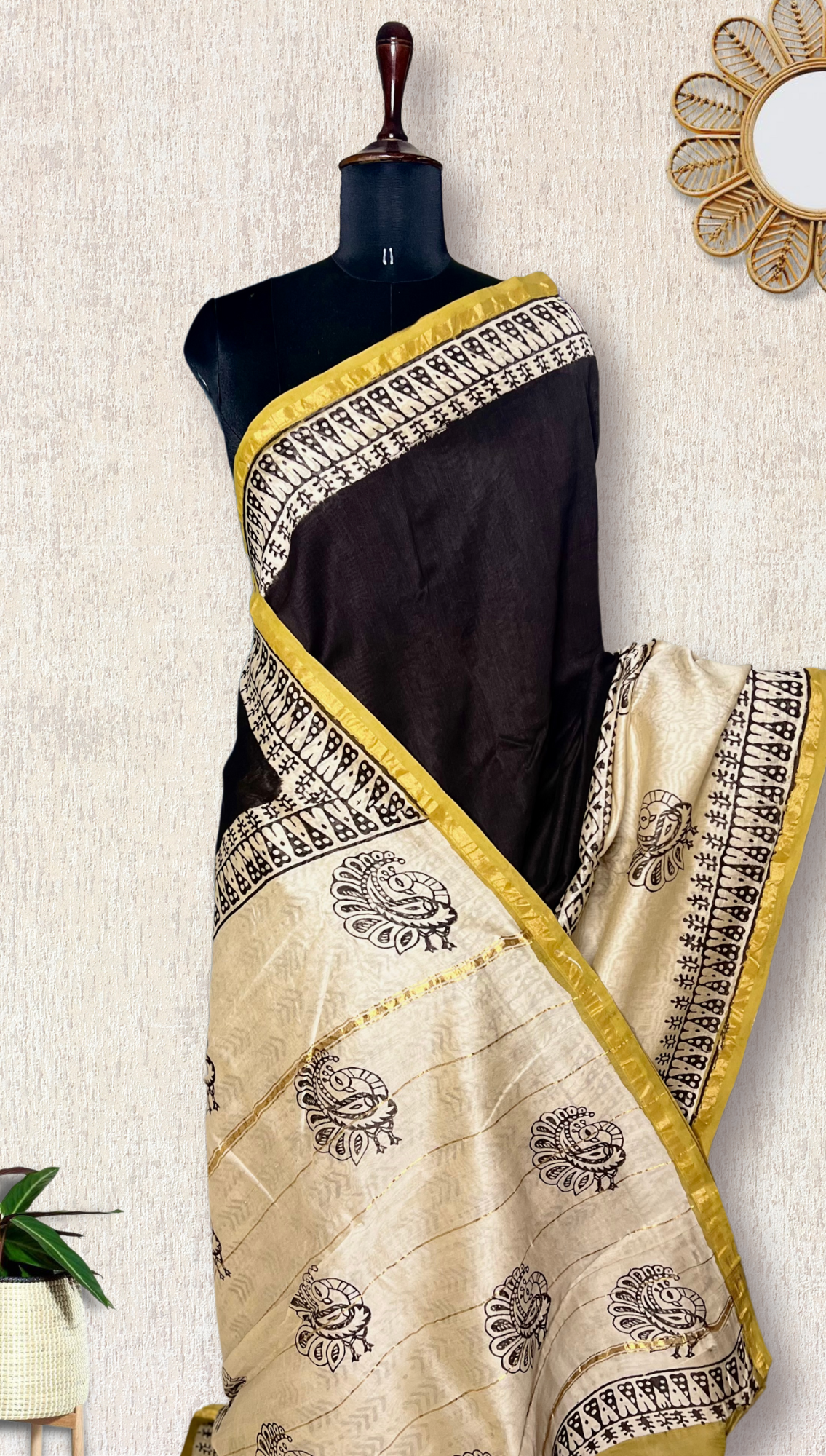 Handblock Printed Silk Cotton Saree -  Thunder Black + Cream