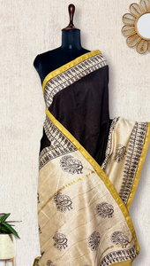 Handblock Printed Silk Cotton Saree -  Thunder Black + Cream