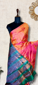 Load image into Gallery viewer, Handwoven Art Silk Saree -  Crimson Orange + Deep Sea Green
