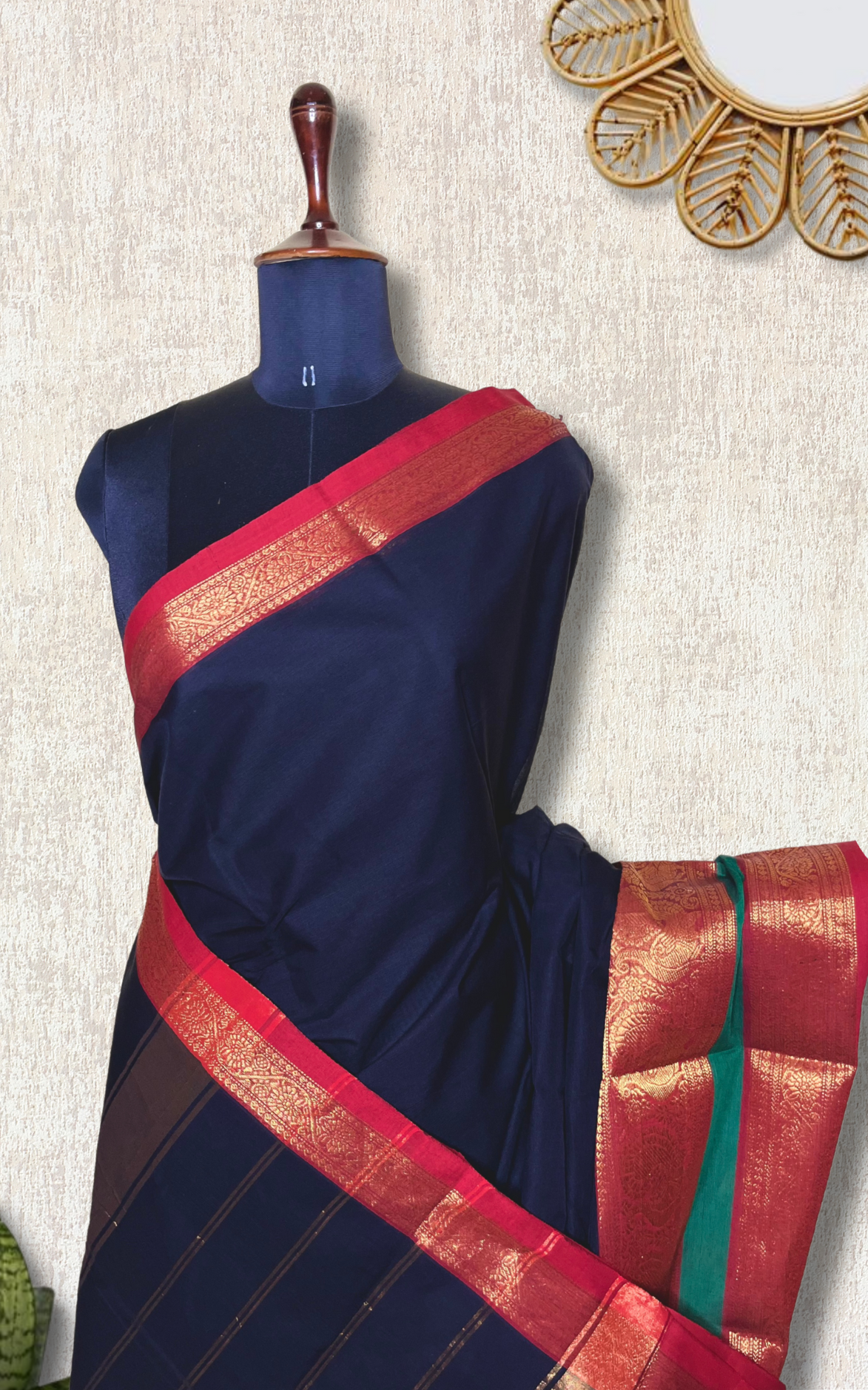 Chettinad Cotton Saree - Pearl Black + Cerise Red