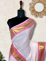 Load image into Gallery viewer, Handwoven Cotton Saree - Seashell white + Orchid Pink
