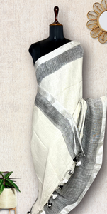 Handwoven Linen Saree - Pearl White + Sky Gray