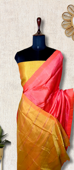 Load image into Gallery viewer, Handwoven Mangalgiri Silk Cotton Saree - Sweet Pink + Energy Yellow
