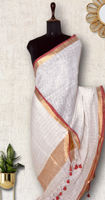 Load image into Gallery viewer, Handwoven Linen Saree - Cream White + Gold Zari
