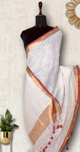 Handwoven Linen Saree - Cream White + Gold Zari