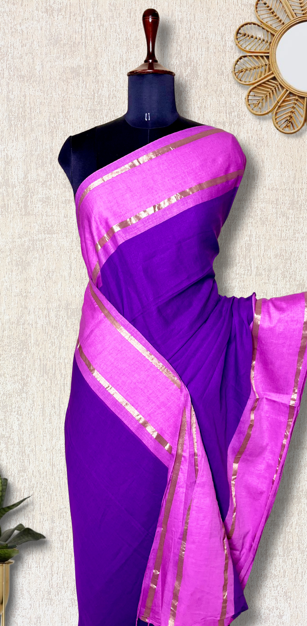 Handwoven Cotton Saree - Electric Violet + Flamingo Pink