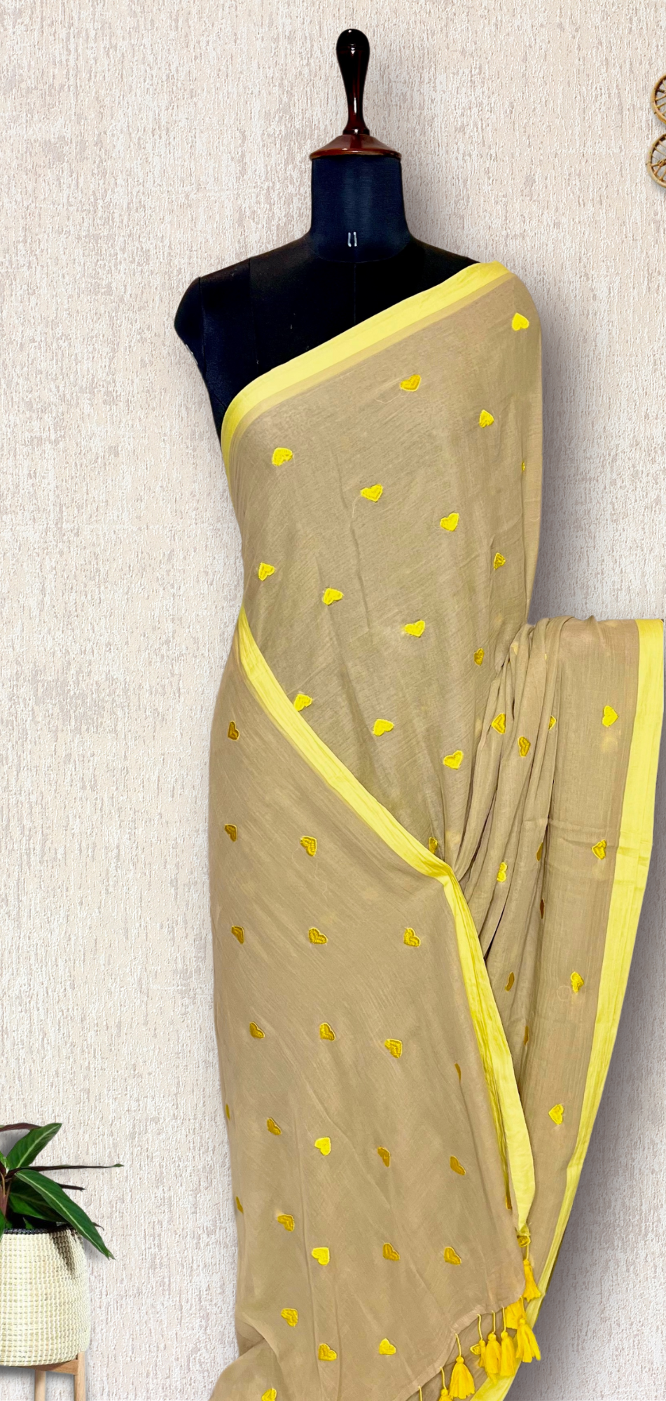 Handcrafted Cotton Saree - Sandal + Lemon Yellow