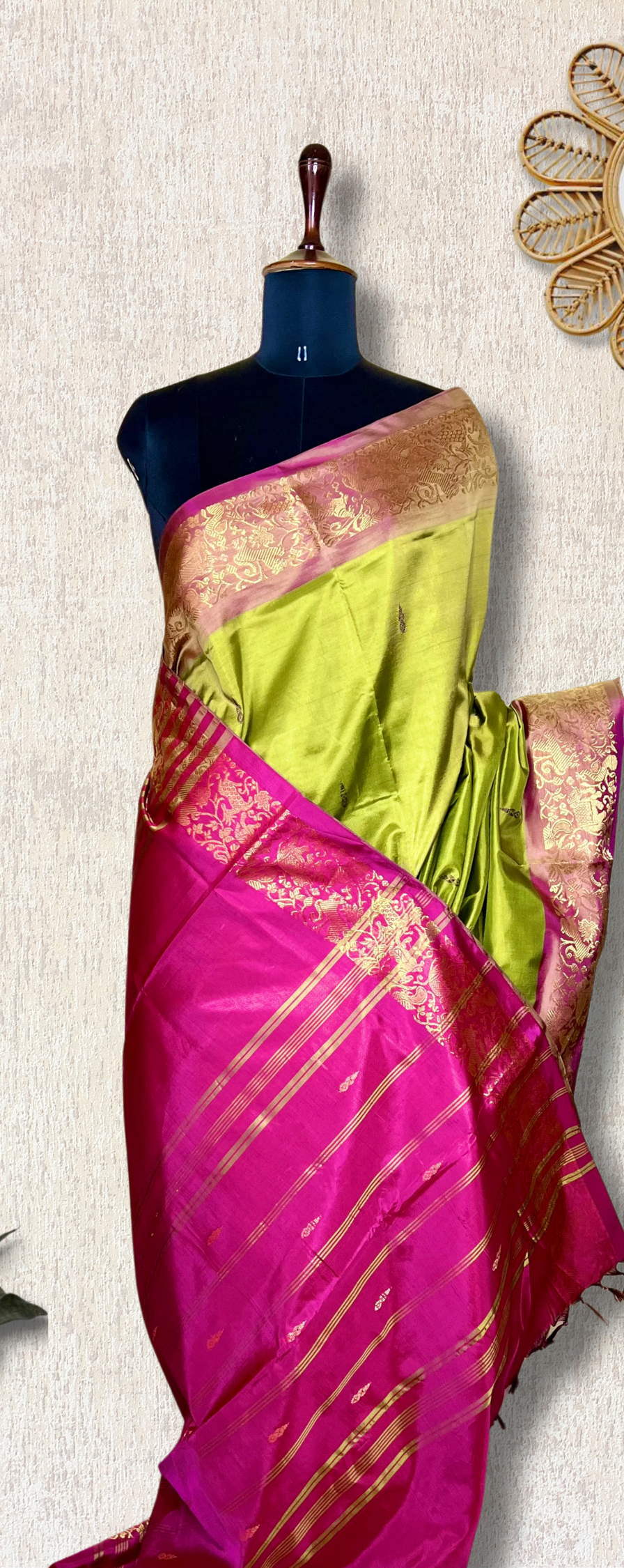 Handwoven Art Silk Saree -  Lime Green + Cerise Pink