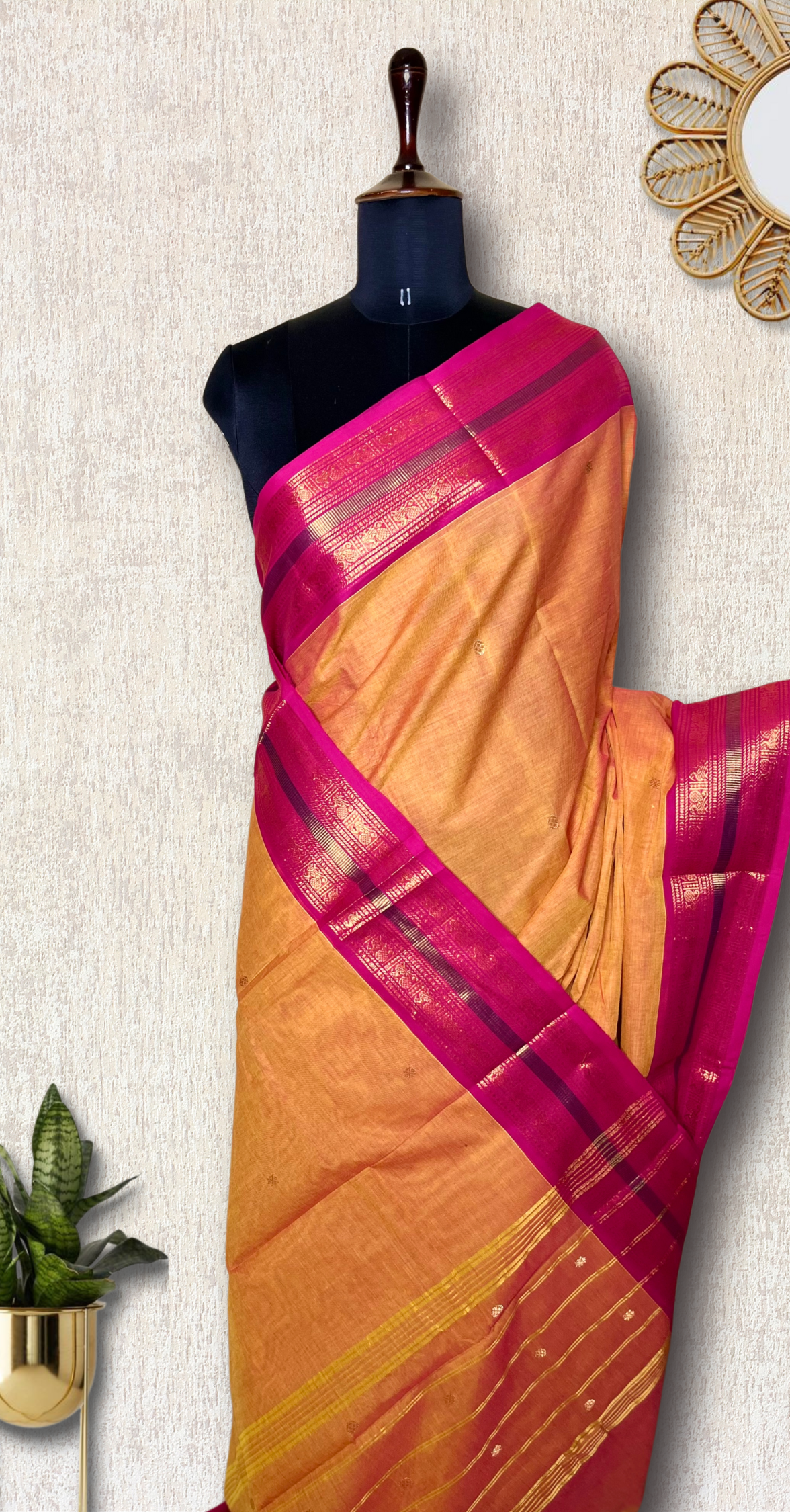 Chettinad Cotton Saree -  Bright Sun + Crimson Pink