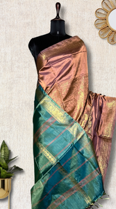 Handwoven Art Silk Saree -  Brown Rust + Green