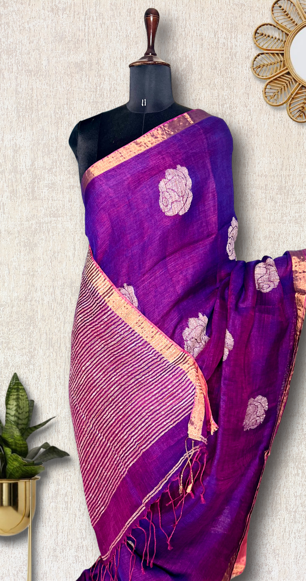 Handwoven Linen Saree - Disco Violet + Zari