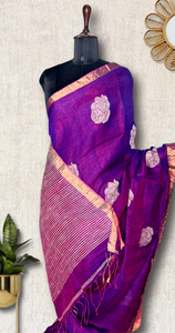 Handwoven Linen Saree - Disco Violet + Zari