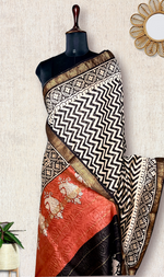 Load image into Gallery viewer, Handblock Printed Silk Cotton Saree - Pearl Bush + Black + Brown Rust
