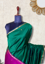 Load image into Gallery viewer, Handwoven Maheshwari Silk Cotton Saree - Bottle Green + Mulberry Pink
