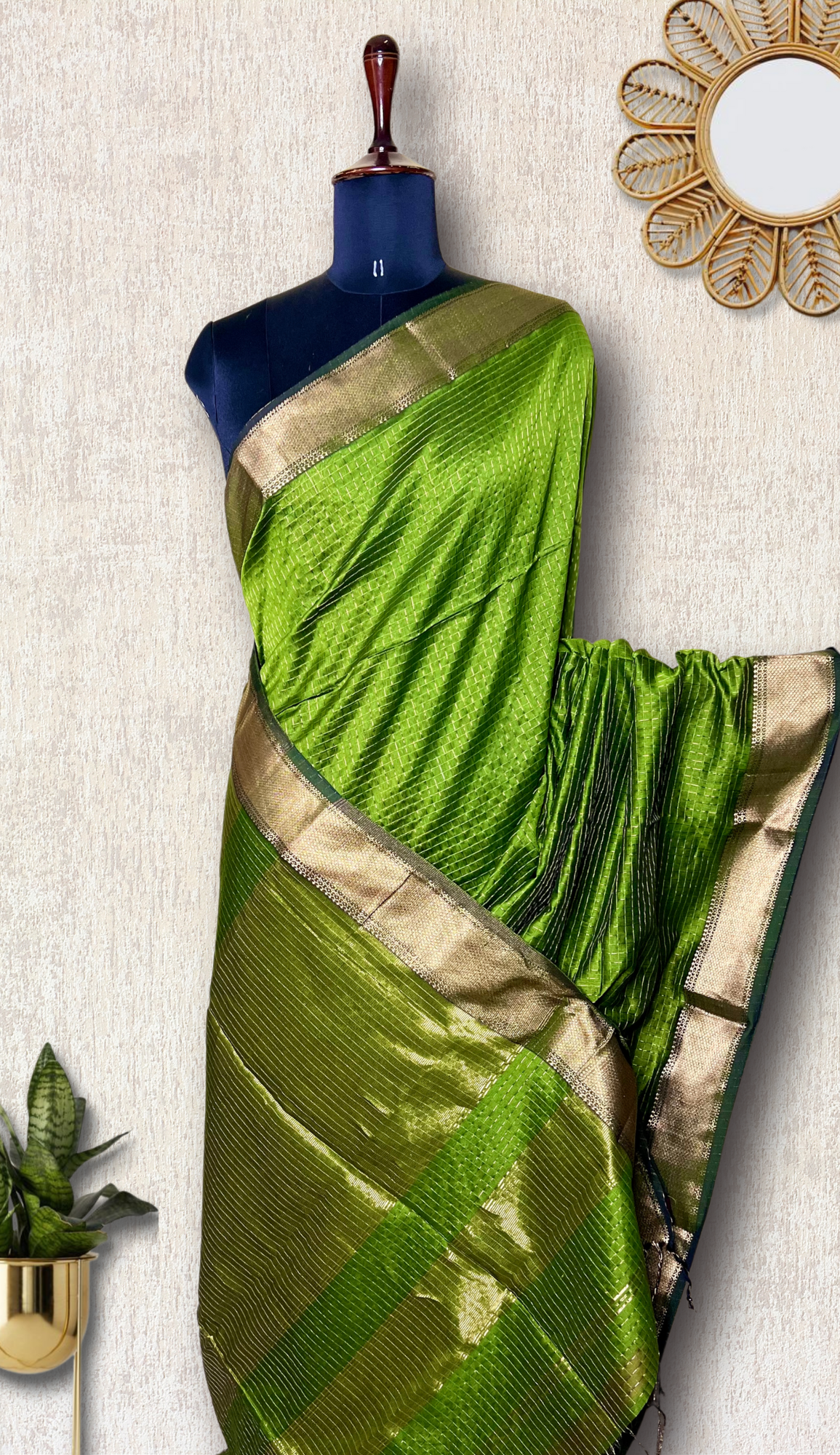 Handwoven Silk Cotton Saree - Bright Mehendi Green + Gold