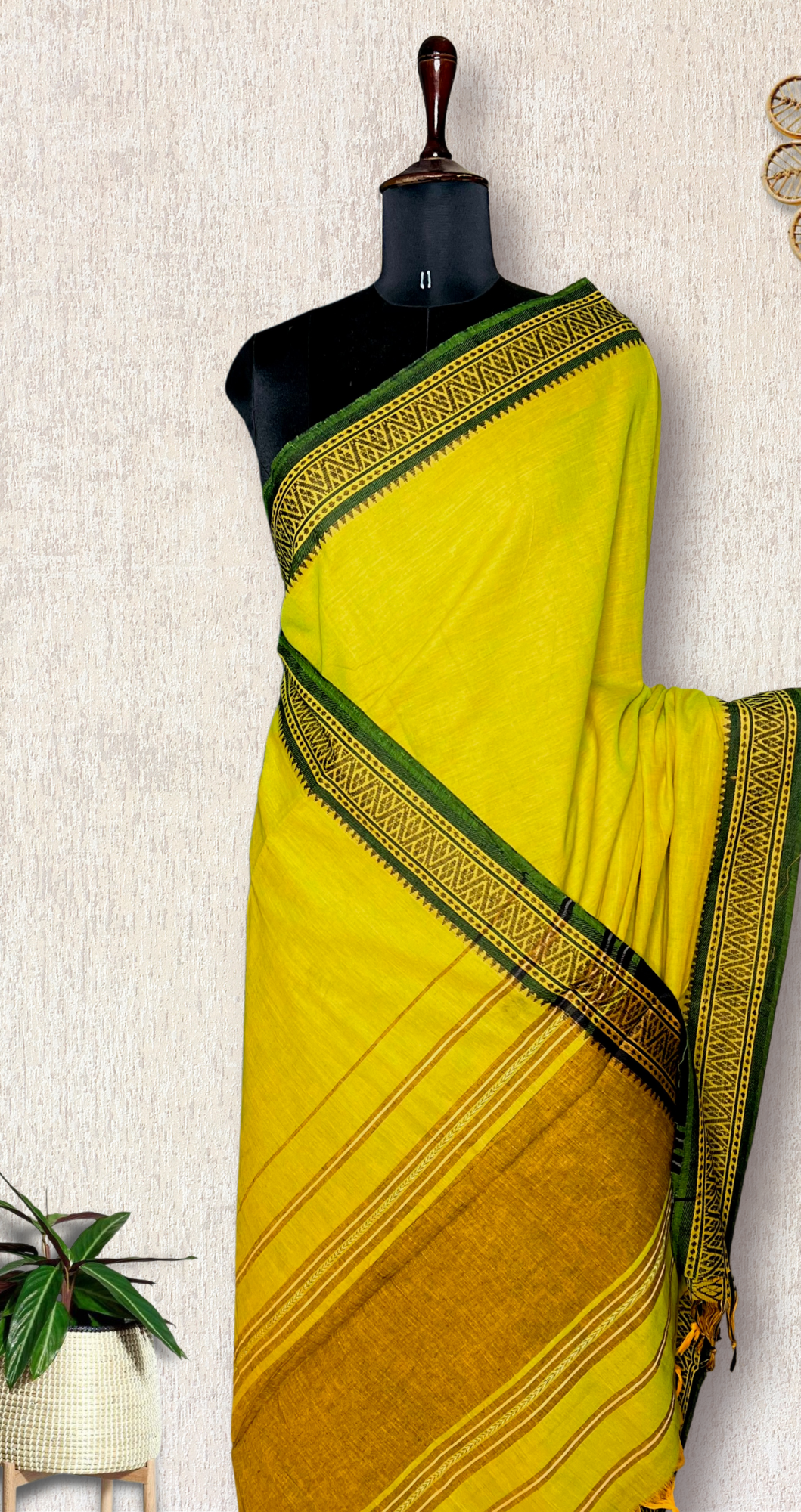 Handwoven Cotton Saree - Lime Green + Thatch Green