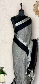 Load image into Gallery viewer, Handwoven Linen Saree - Gray + Black
