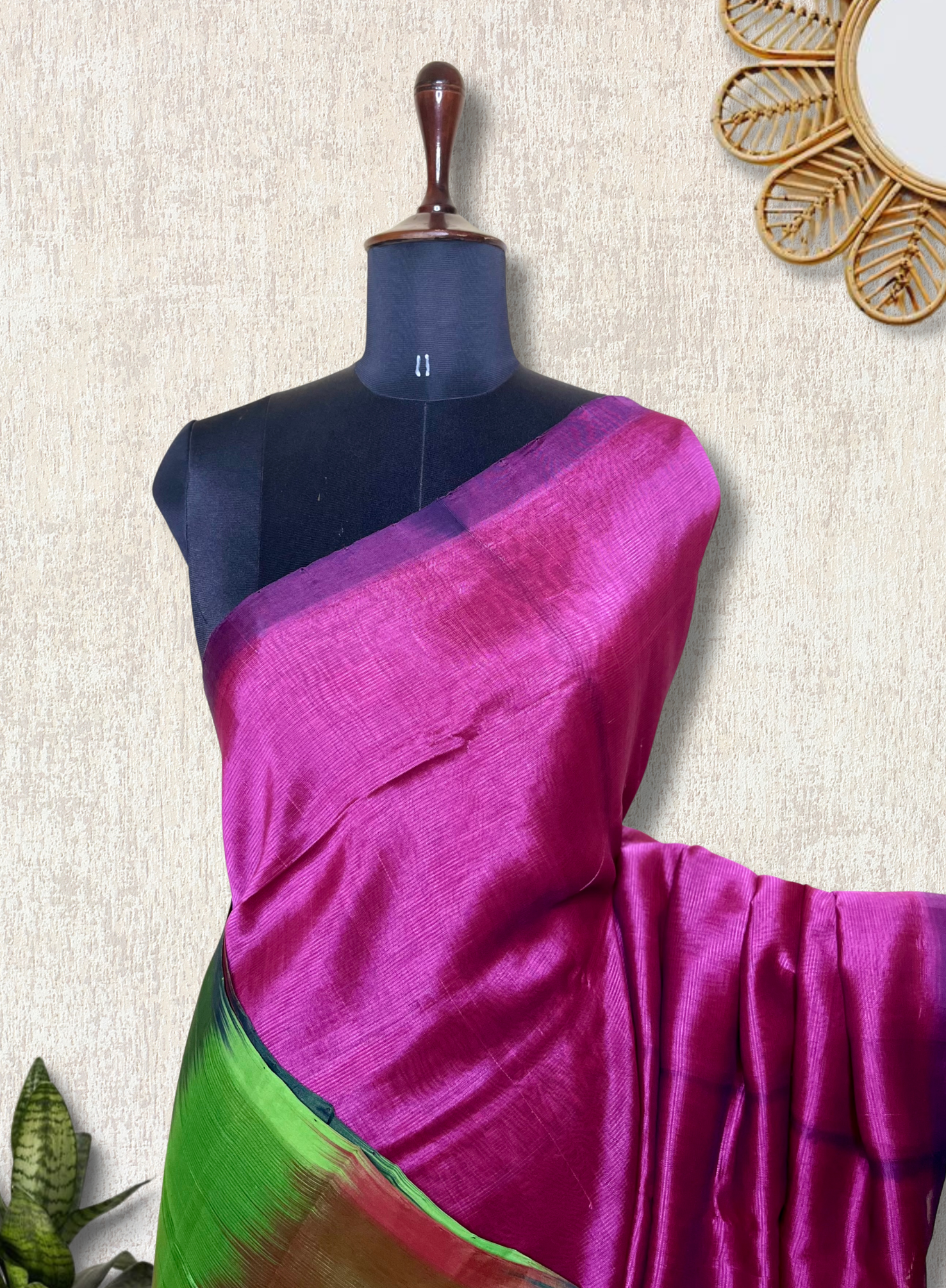 Handwoven Silk Cotton Saree - Medium Red Violet +  Sea Green