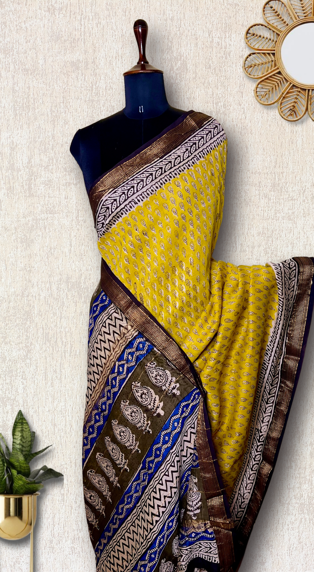 Handblock Printed Silk Cotton Saree - Fuel Yellow + Olive Green