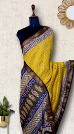 Load image into Gallery viewer, Handblock Printed Silk Cotton Saree - Fuel Yellow + Olive Green
