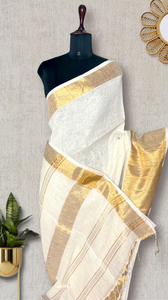 Handwoven Linen Saree - Pearl White + gold