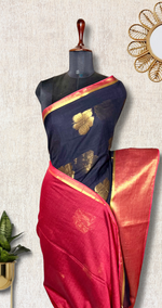 Load image into Gallery viewer, Handwoven Cotton Saree - Rose Black + Vibrant Red
