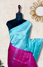 Load image into Gallery viewer, Handwoven Mangalgiri Silk Cotton Saree - Turquoise Blue + Candy Pink
