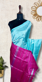 Load image into Gallery viewer, Handwoven Mangalgiri Silk Cotton Saree - Turquoise Blue + Candy Pink
