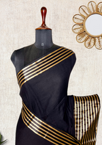 Load image into Gallery viewer, Handwoven Cotton Saree - Royal Black + Shimmer Gold
