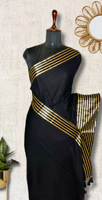 Load image into Gallery viewer, Handwoven Cotton Saree - Royal Black + Shimmer Gold
