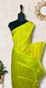 Load image into Gallery viewer, Handwoven Mangalgiri Silk Cotton Saree - Canary Yellow + Swamp Green
