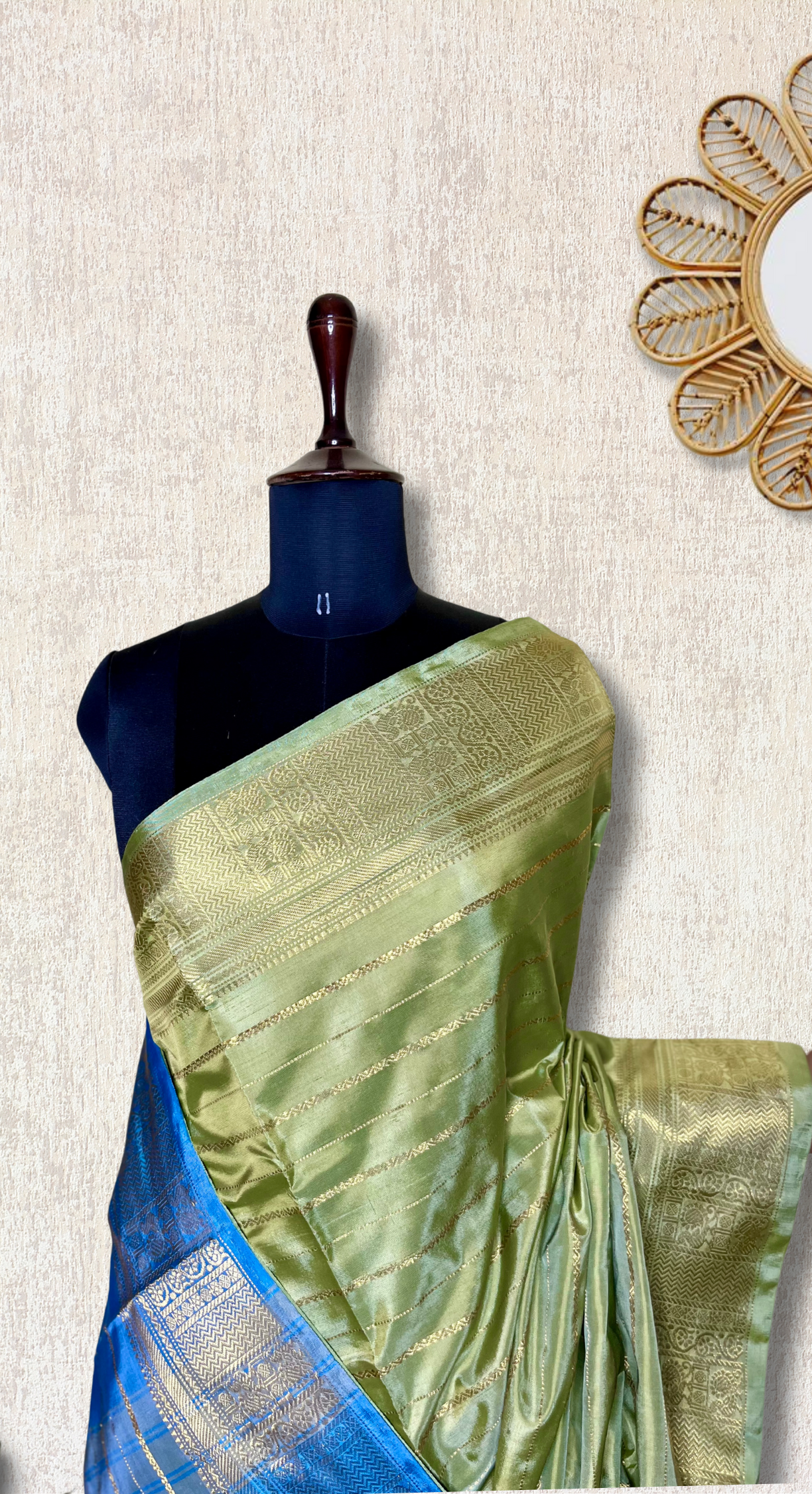 Handwoven Art Silk Saree -  Yellow Green+ Denim Blue