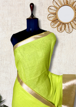 Load image into Gallery viewer, Handwoven Cotton Saree - Electric Lime + Shimmer Gold

