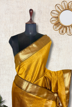 Load image into Gallery viewer, Handwoven Maheshwari Silk Cotton Saree - Mustard Yellow + Livid Brown
