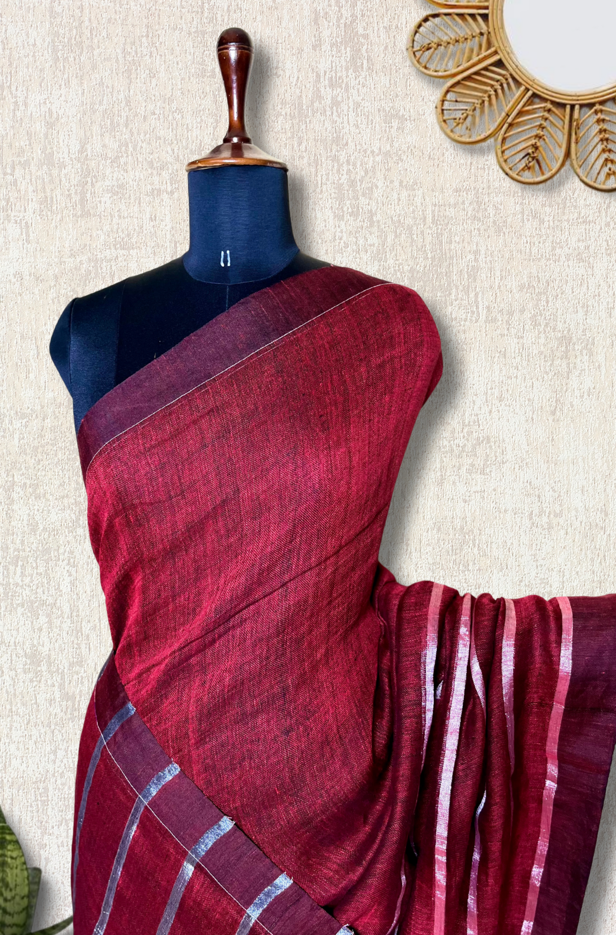 Handwoven Linen Saree - Cerise Maroon + Silver