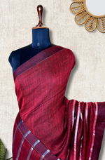 Load image into Gallery viewer, Handwoven Linen Saree - Cerise Maroon + Silver
