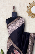 Load image into Gallery viewer, Handblock Printed Silk Cotton Saree - Thunder Black + Pearl White
