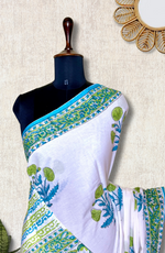 Load image into Gallery viewer, Handblock Printed Cotton Saree -  French White + Blue Green
