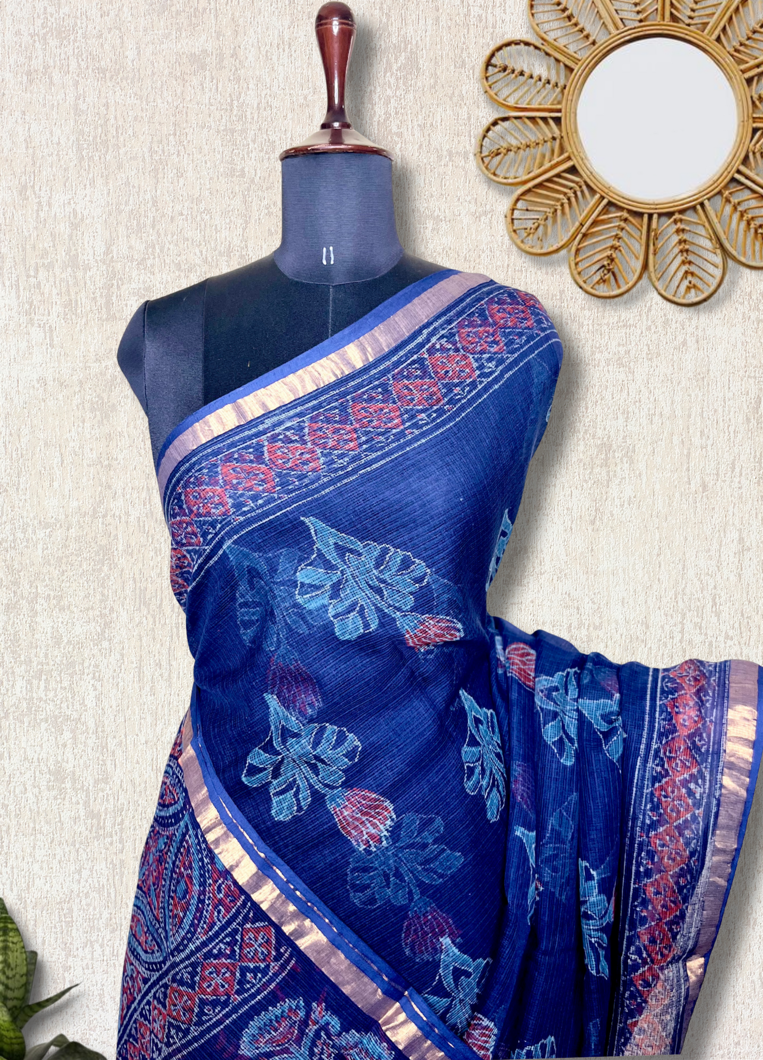 Handblock Printed Kota Doria Saree -  Persian Blue