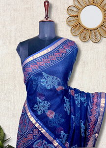 Handblock Printed Kota Doria Saree -  Persian Blue