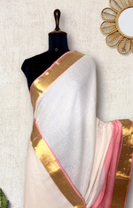 Load image into Gallery viewer, Handwoven Cotton Saree - Cream + Sea Pink
