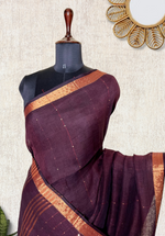 Load image into Gallery viewer, Handwoven Linen Saree -   Woody Brown + Gold
