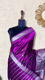 Load image into Gallery viewer, Handwoven Mangalgiri Silk Cotton Saree - Eggplant Violet+ Silver
