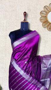 Handwoven Mangalgiri Silk Cotton Saree - Eggplant Violet+ Silver