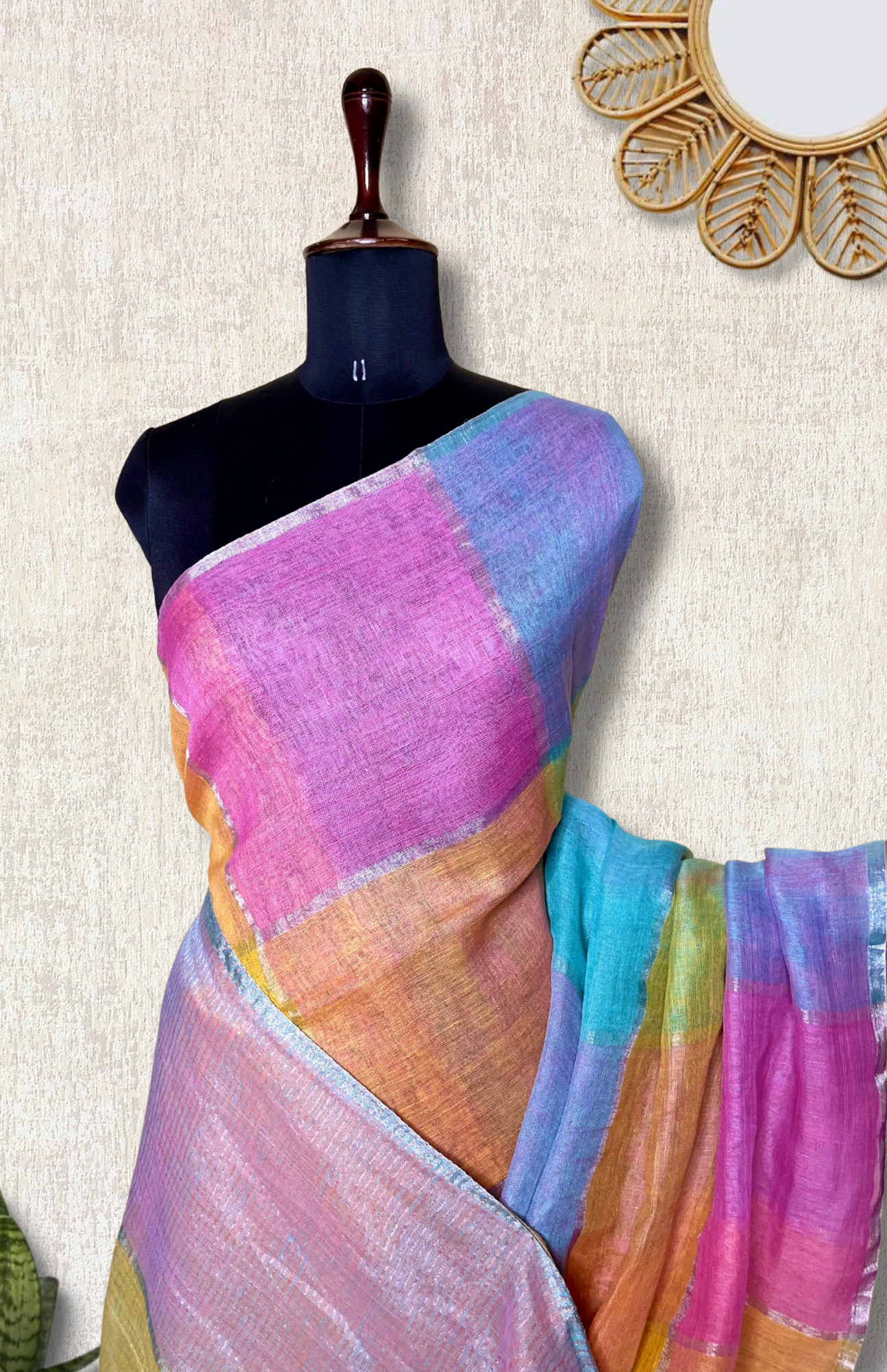 Handwoven Linen Saree - Lavender Rose + Candy Corn Yellow