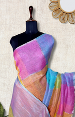 Load image into Gallery viewer, Handwoven Linen Saree - Lavender Rose + Candy Corn Yellow
