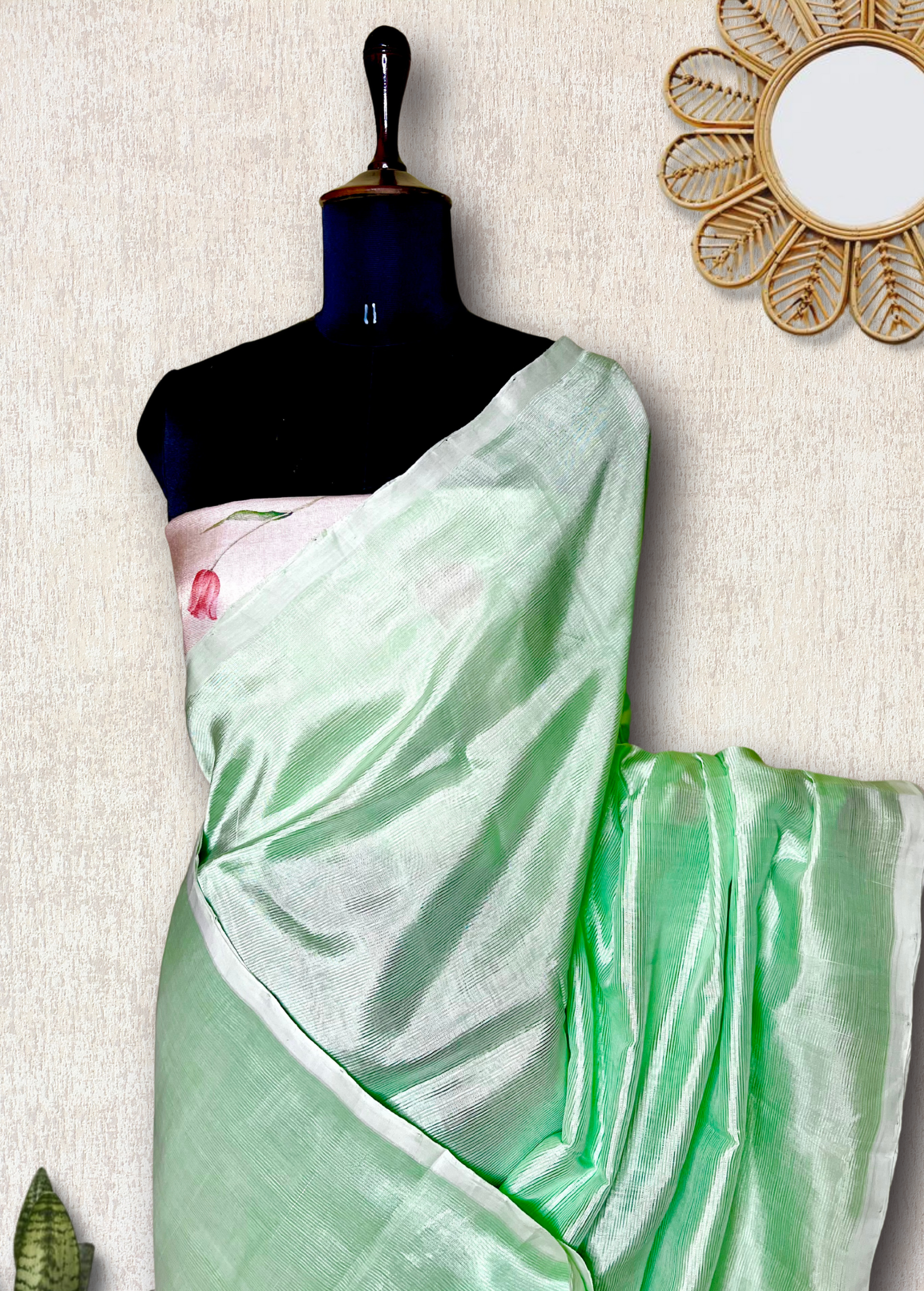 Handwoven silk cotton saree - Mint Green + Silk Cream Tissue