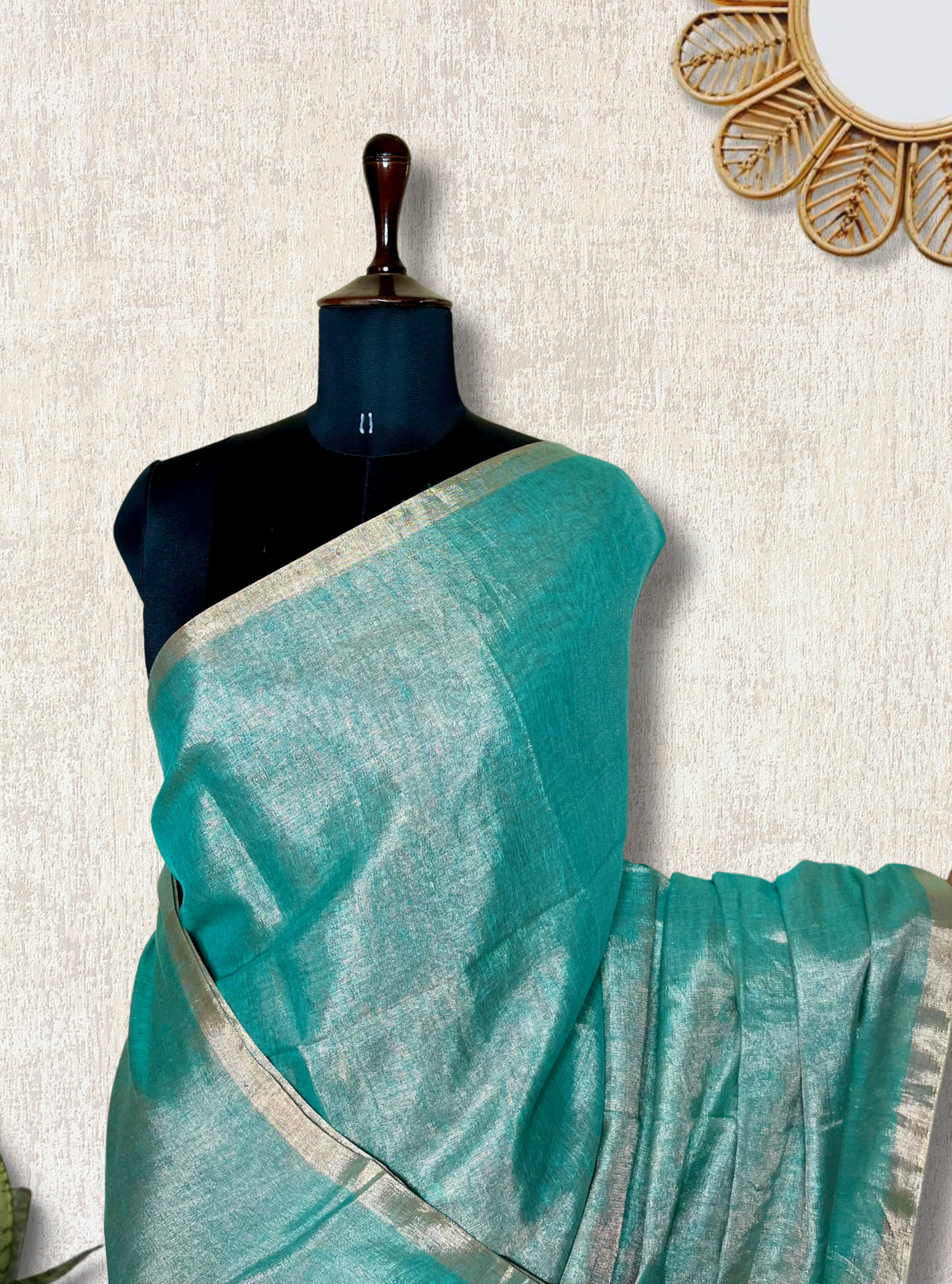 Handwoven Metallic Linen Tissue Saree - Fountain Blue