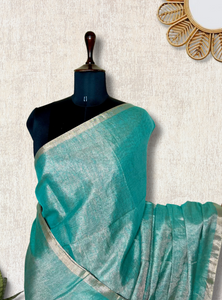 Handwoven Metallic Linen Tissue Saree - Fountain Blue